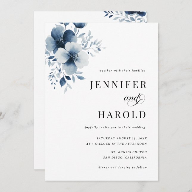 Navy Blue Floral Minimal Plain All in One Wedding Inbjudningar (Fram/baksida)