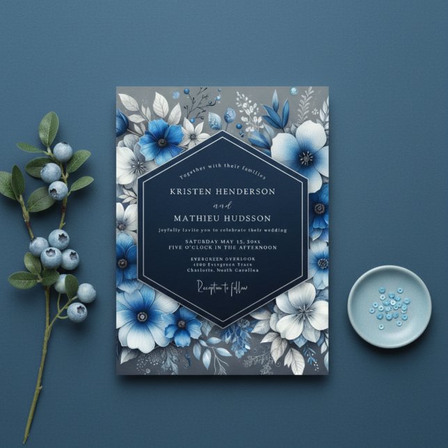Navy Blue Floral Opulence Wedding Inbjudningar (Skapare uppladdad)