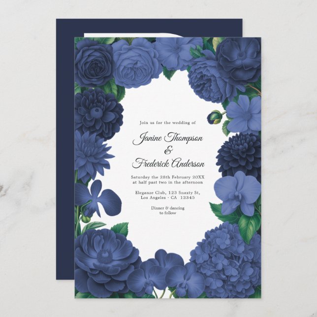 Navy Blue Floral Photo and QR Code Wedding Inbjudningar (Fram/baksida)