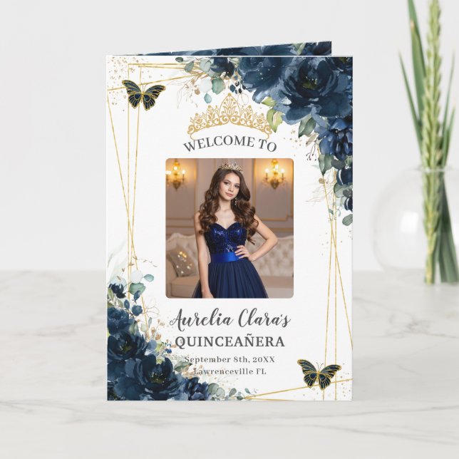 Navy Blue Floral Quinceañera Order of Events Photo Program (Framsida)