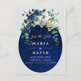Navy Blue Floral Save the Date, Elegant Meddelande Vykort