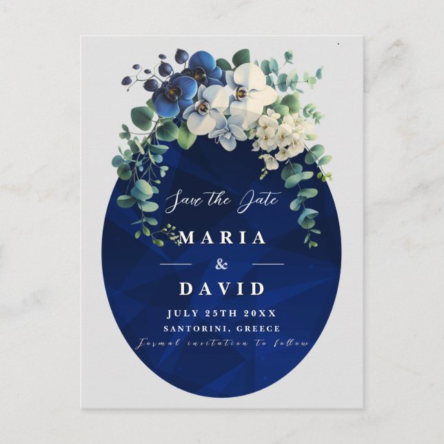 Navy Blue Floral Save the Date, Elegant Meddelande Vykort (Framsida)