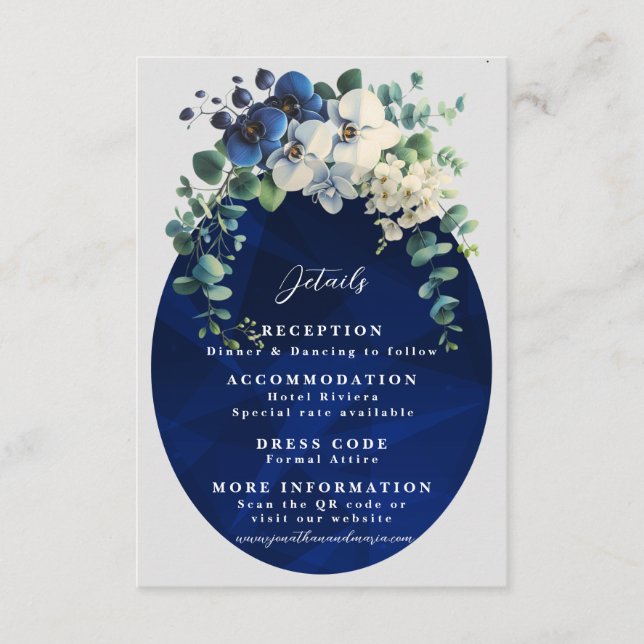 Navy Blue Floral Wedding Details Card, Elegant  Tilläggskort (Framsida)