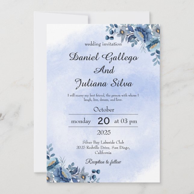 Navy Blue Floral Wedding Invitation Inbjudningar (Framsida)
