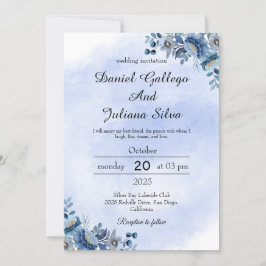 Navy Blue Floral Wedding Invitation Inbjudningar