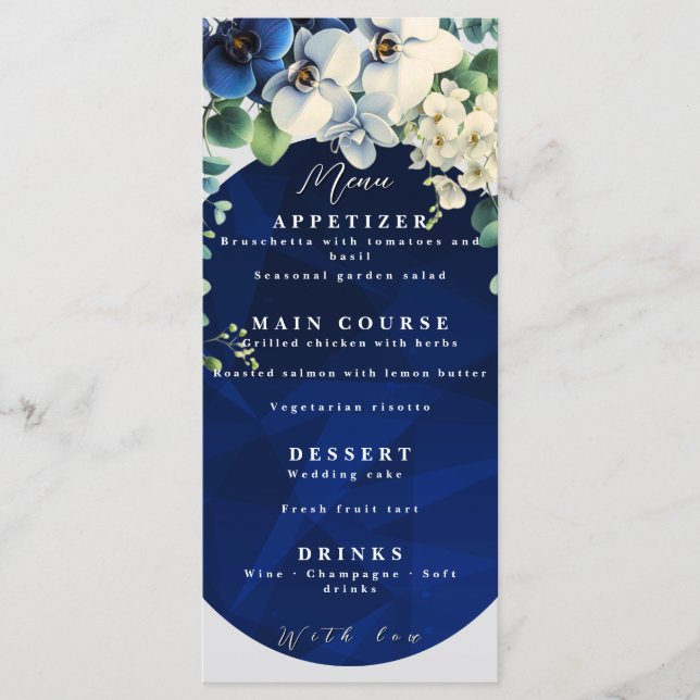 Navy Blue Floral Wedding Menu Meny (Framsida)