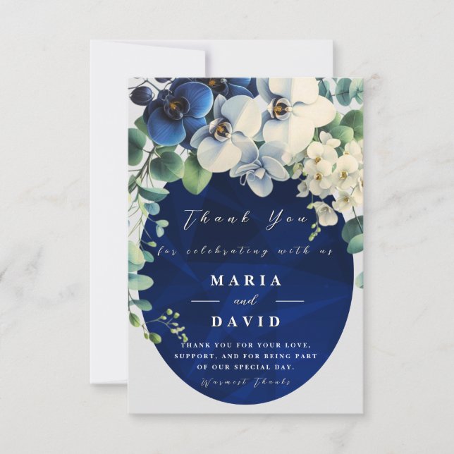 Navy Blue Floral Wedding Thank You Card Tack Kort (Framsida)