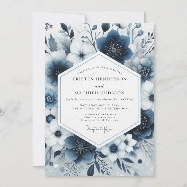 Navy Blue Floral Whimsy Wedding Inbjudningar (Framsida)