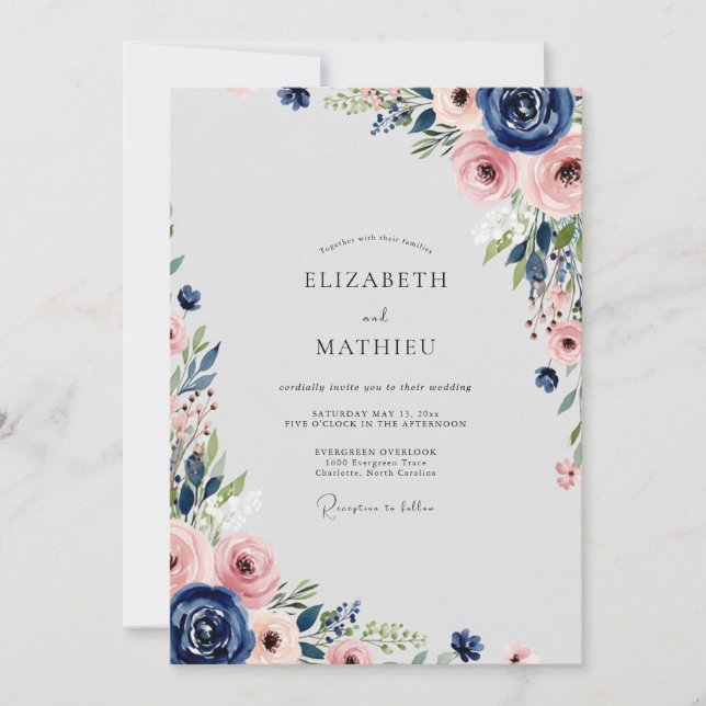 Navy Blue Flourishing Spring Wedding Inbjudningar (Framsida)