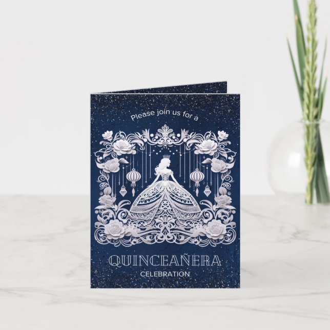 Navy Blue Flower Princess Dress Quinceanera Inbjudan (Framsida)