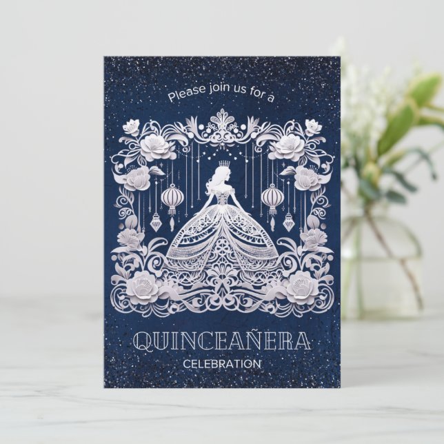 Navy Blue Flower Princess Dress Quinceanera Inbjudningar (Stående Fram)