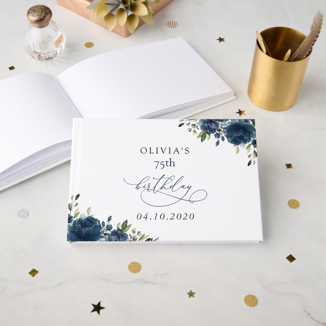 Navy Blue Flowers, Greenery, Boho, Birthday Gästböcker (Framsida öppen)
