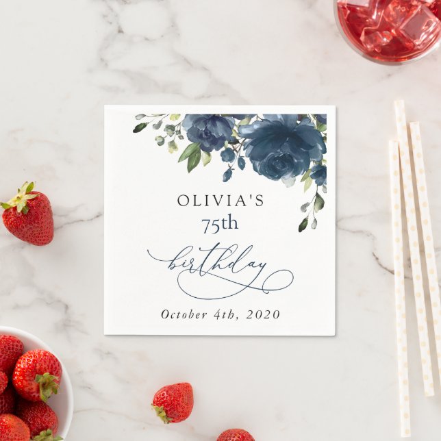 Navy Blue Flowers, Greenery, Boho, Birthday Pappersservett (Insitu)