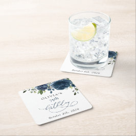 Navy Blue Flowers, Greenery, Boho, Birthday Underlägg Papper Kvadrat