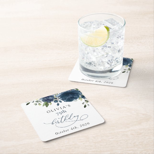 Navy Blue Flowers, Greenery, Boho, Birthday Underlägg Papper Kvadrat (Insitu)