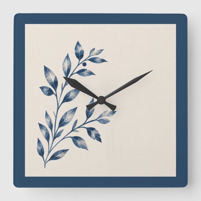 Navy Blue Foliage Minimalist Square Clock Fyrkantig Klocka (Framsida)