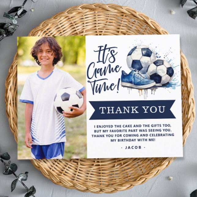 Navy Blue Fotboll Barn Vattenfärg Foto Tack Kort (Skapare uppladdad)