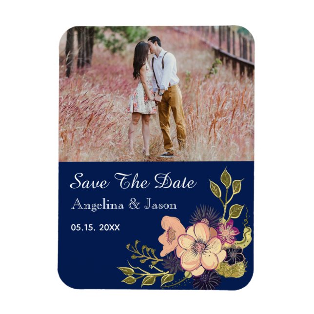 Navy Blue Foto Bröllop Save The Date Inbjudan Magnet (Vertikal)