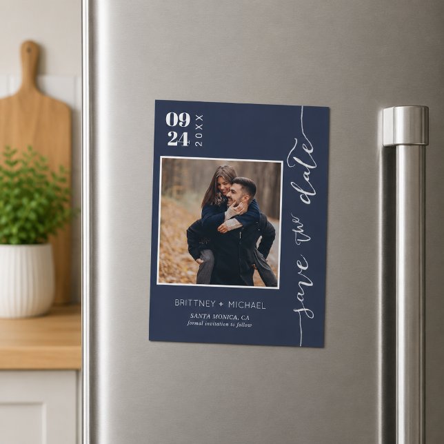 Navy Blue Foto Spara Datum (Elegant navy blue photo save the date featuring modern typography, romantic handwritten magnet)