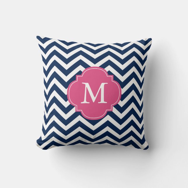 Navy Blue Fuschia Zigzag Mönster Monogram Kudde (Framsida)