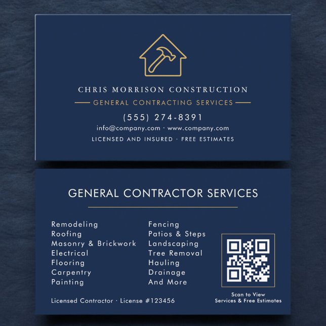 Navy Blue General Contractor QR Code Visitkort (Skapare uppladdad)