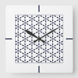 Navy Blue Geometric Pattern on White Fyrkantig Klocka