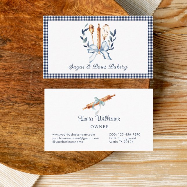 Navy Blue Gingham Coquette Bow Utensils Bakery Visitkort (Navy Blue Coquette bow Utensils cooking business card)