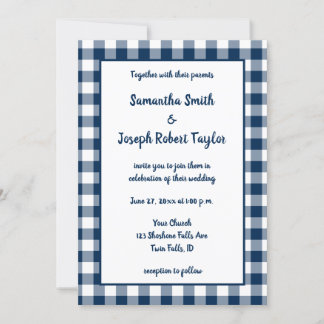 Navy Blue Gingham Mönster Bröllop Inbjudningar