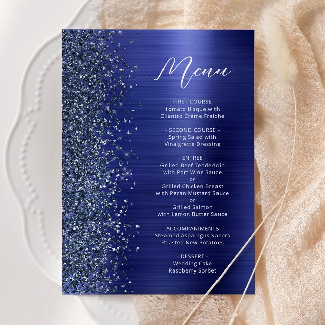 Navy Blue Glam Glitter Script Wedding Meny (Skapare uppladdad)
