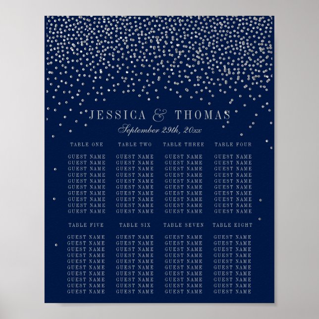 Navy Blue & Glam Silver Konfetti Bröllopsplatser Poster (Framsidan)