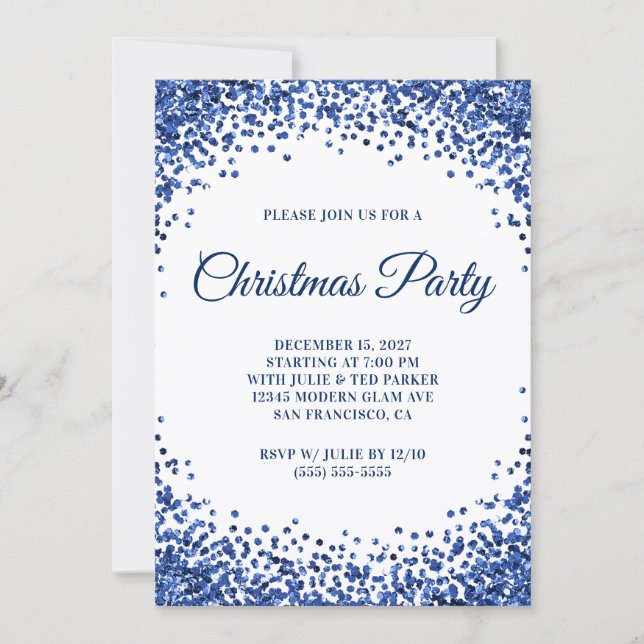 Navy Blue Glitter Border White Christmas Party Inbjudningar (Framsida)