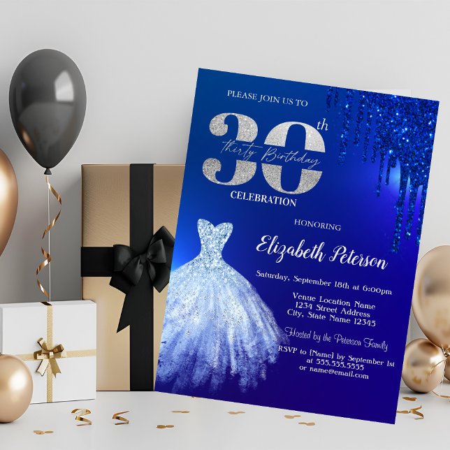 Navy Blue Glitter Drips, Klänning Blå 30-års Födel Inbjudningar (Skapare uppladdad)