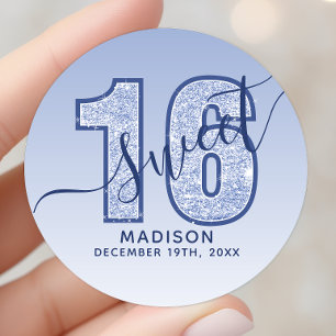 Navy Blue Glitter Script Sweet 16 Födelsedag Runt Klistermärke