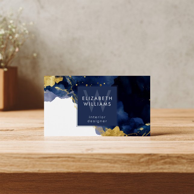 Navy Blue Gold Abstract Monogram Business Card Visitkort (Skapare uppladdad)