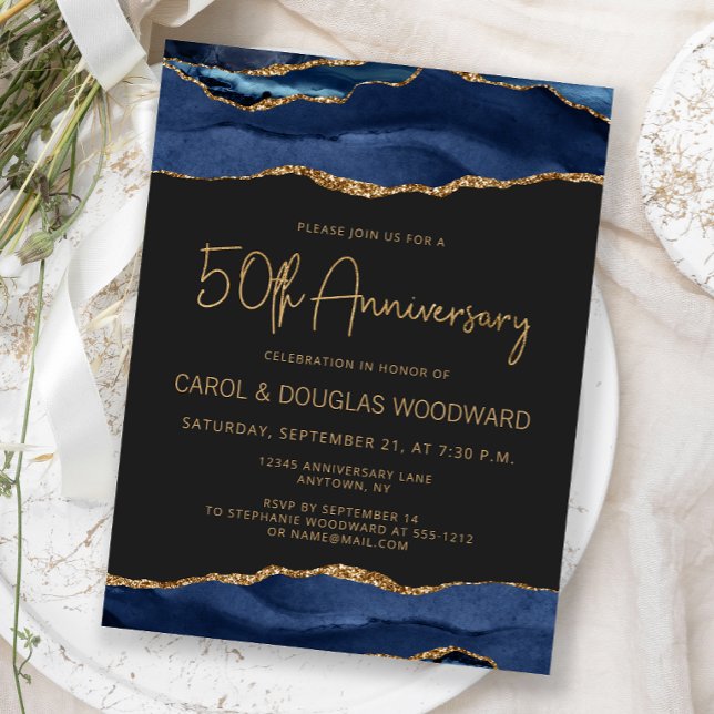 Navy Blue Gold Agat Mörk 50-årsjubileum Vykort (Skapare uppladdad)