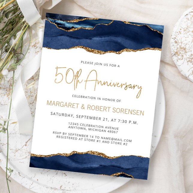 Navy Blue Gold Agate 50th Anniversary Invitation Vykort (Skapare uppladdad)
