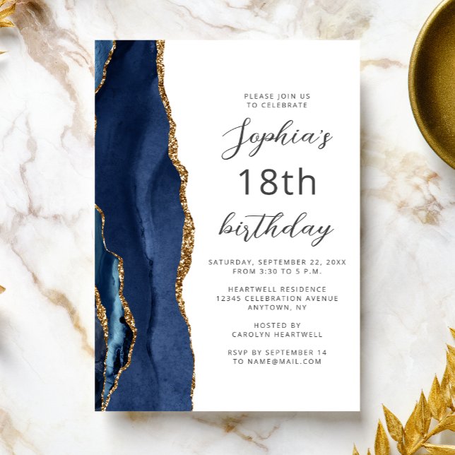 Navy Blue Gold Agate Script 18th Birthday Inbjudningar (Skapare uppladdad)