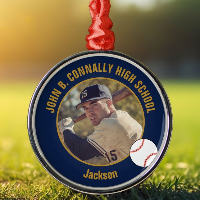 Navy Blue Gold Baseball Player Photo Christmas Julgransprydnad Metall (Skapare uppladdad)
