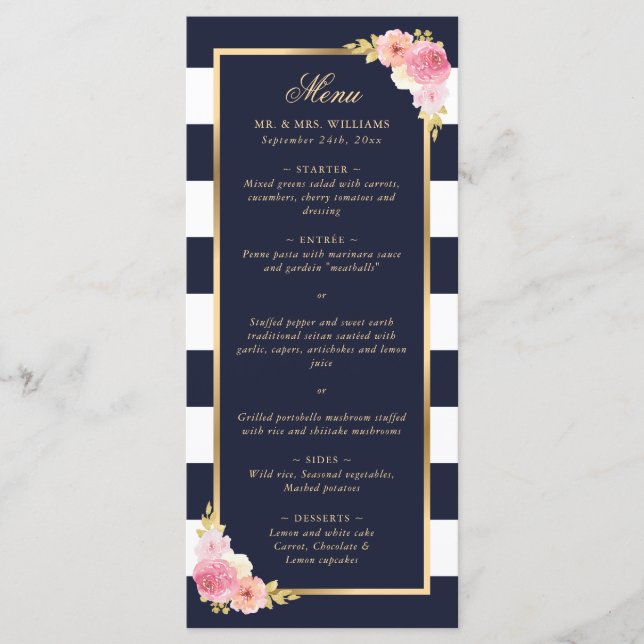 Navy Blue Gold Blush Pink Floral Wedding Meny (Framsida)