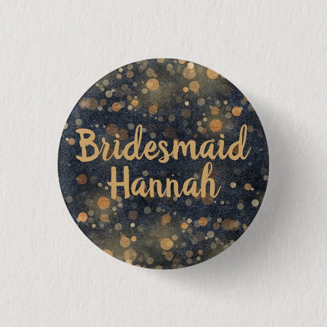 Navy Blue Gold Bokeh Script Brudtärna Knapp (Framsida)