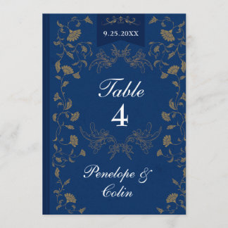 Navy Blue Gold Book Cover Wedding Table Number Inbjudningar