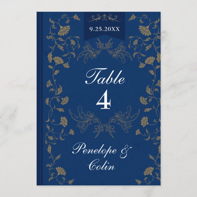 Navy Blue Gold Book Cover Wedding Table Number  Inbjudningar (Framsida)