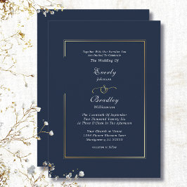 Navy Blue Gold Border Minimal Elegant Wedding Inbjudningar