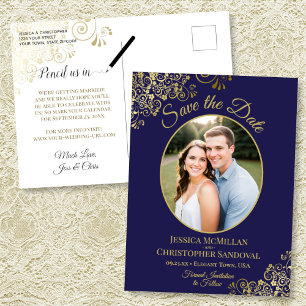 Navy Blue & Gold Bröllop Save the Date Oval Foto Meddelande Vykort