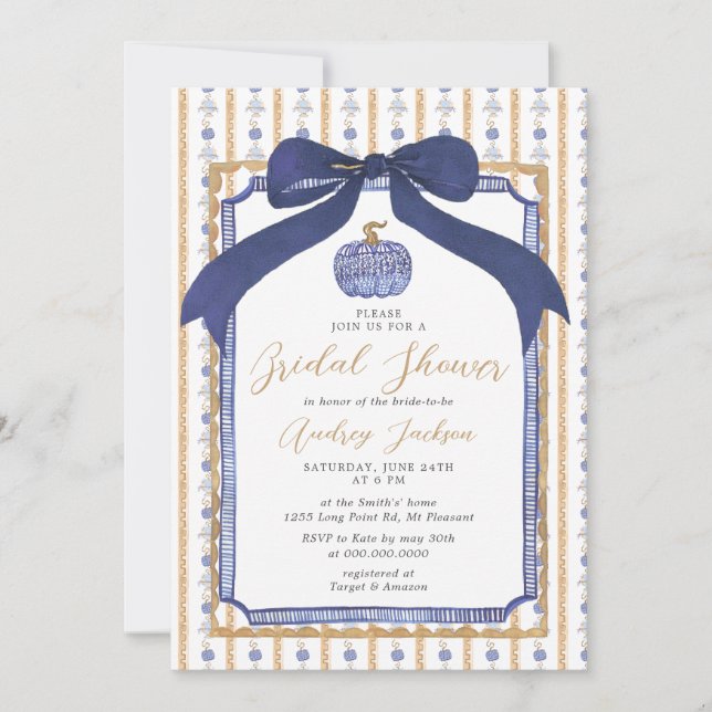 Navy Blue & Gold Chinoiserie Pumpkin Bridal Shower Inbjudningar (Framsida)