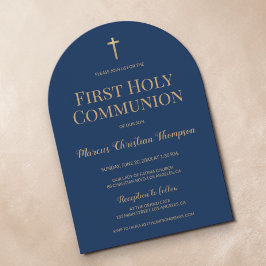 Navy Blue Gold Cross Pojke Första kommunion Båge Inbjudningar