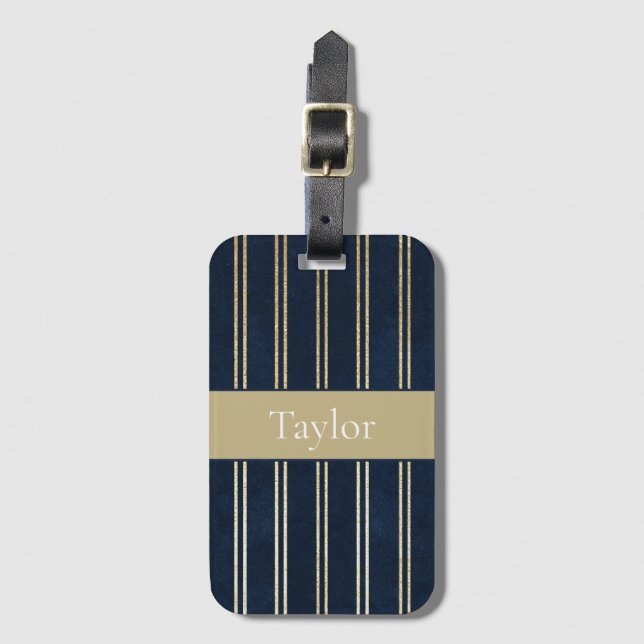 Navy Blue Gold Dubbla Ränder   Bagagebricka (Framsida vertikal)