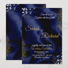Navy Blue Gold Elegant Wedding Invitation Inbjudningar