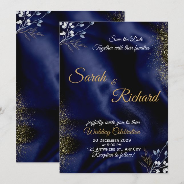 Navy Blue Gold Elegant Wedding Invitation Inbjudningar (Fram/baksida)