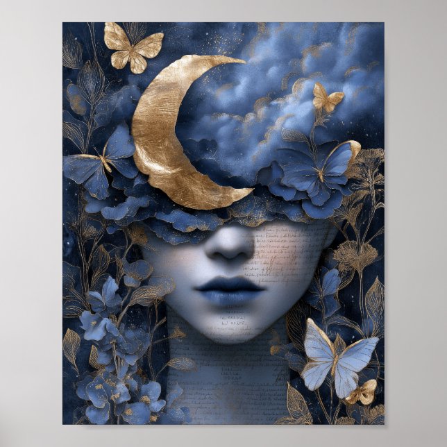 Navy Blue Gold Fantasy Surreal Moon Woman Wall Art Poster (Framsidan)